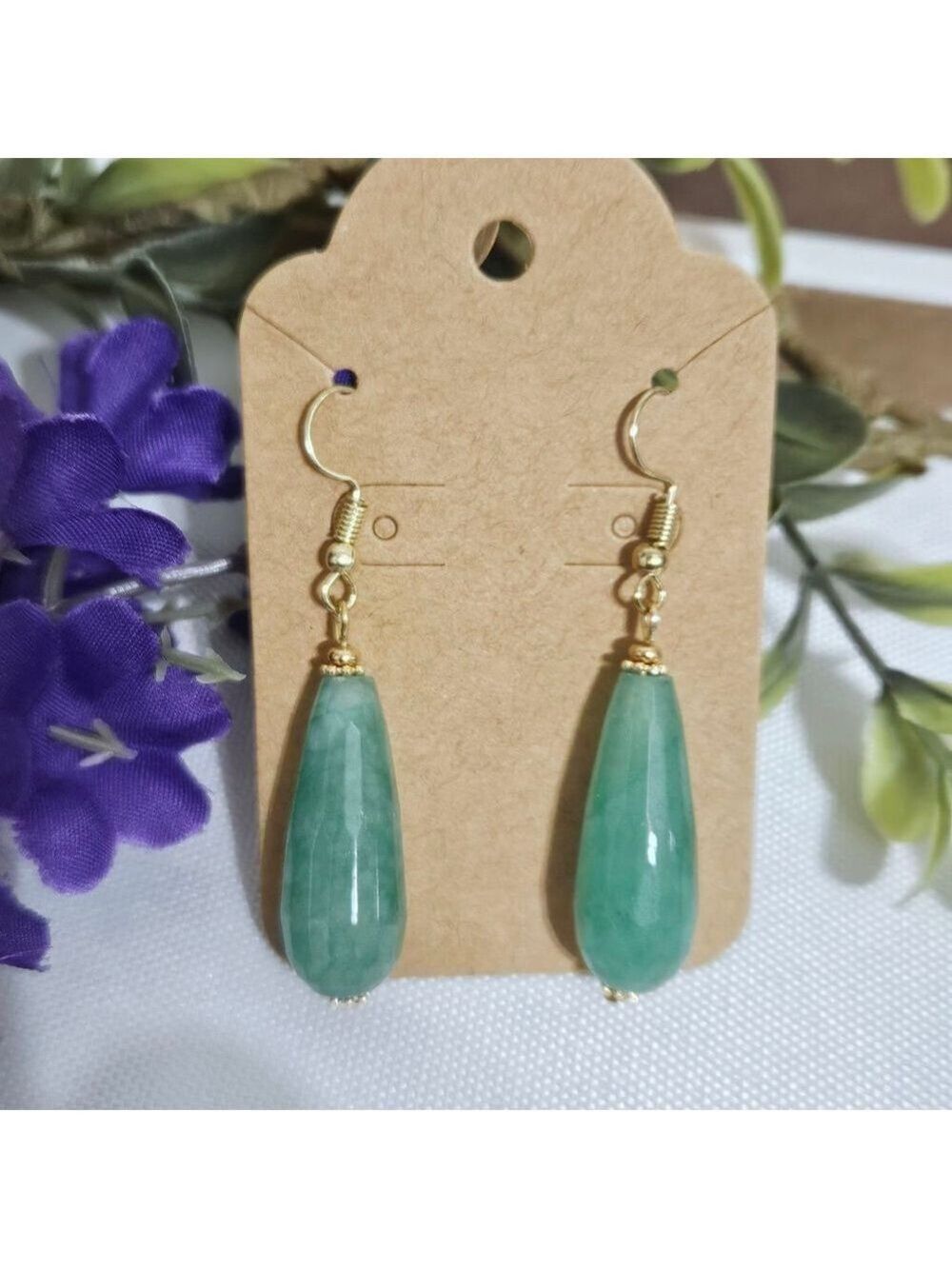 Green Aventurine Teardrop Dangle Earrings - Picture 2 of 3